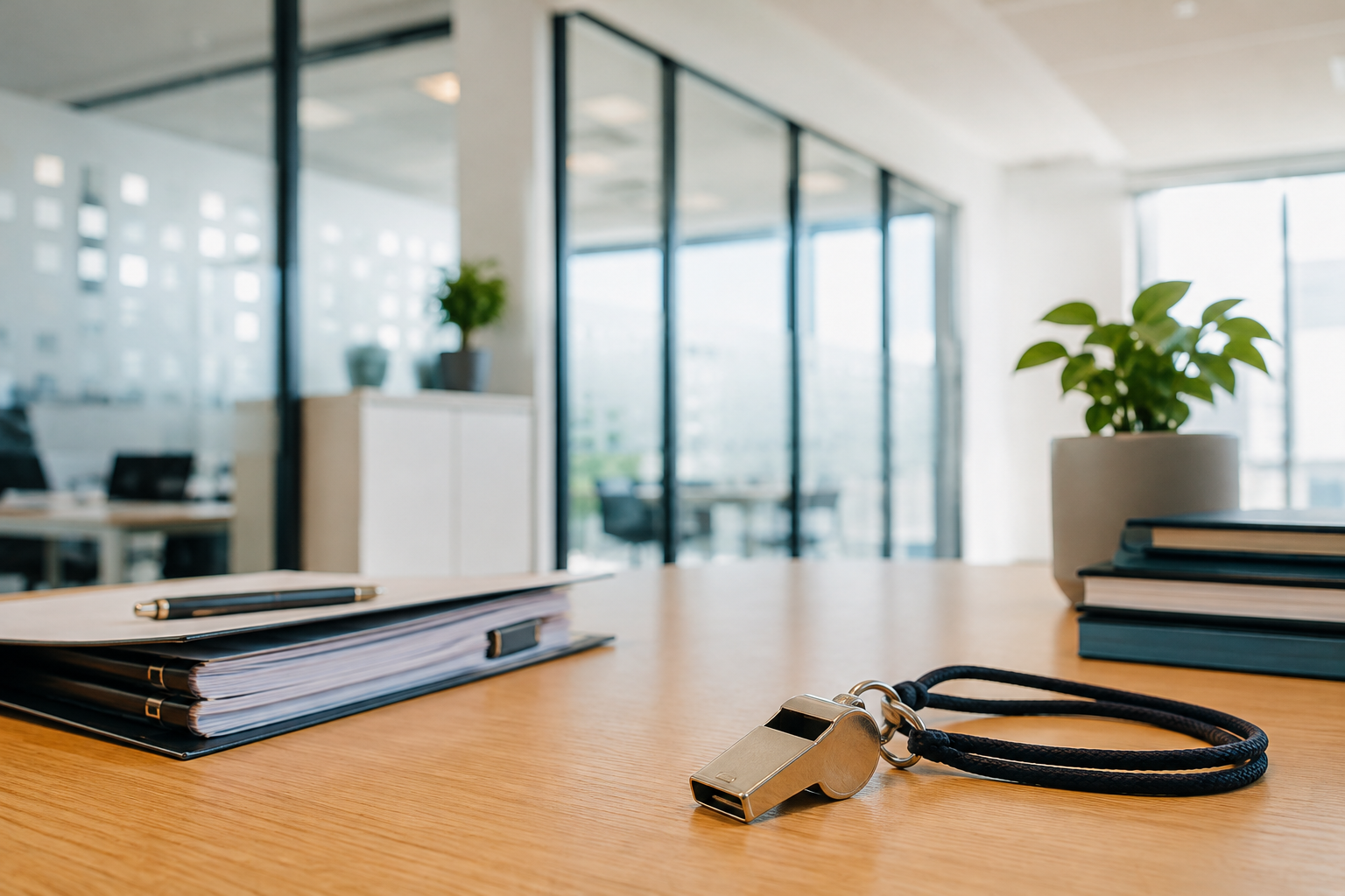 A silver whistle on a black lanyard rests on a wooden desk in a bright, modern office, beside folders and notebooks.