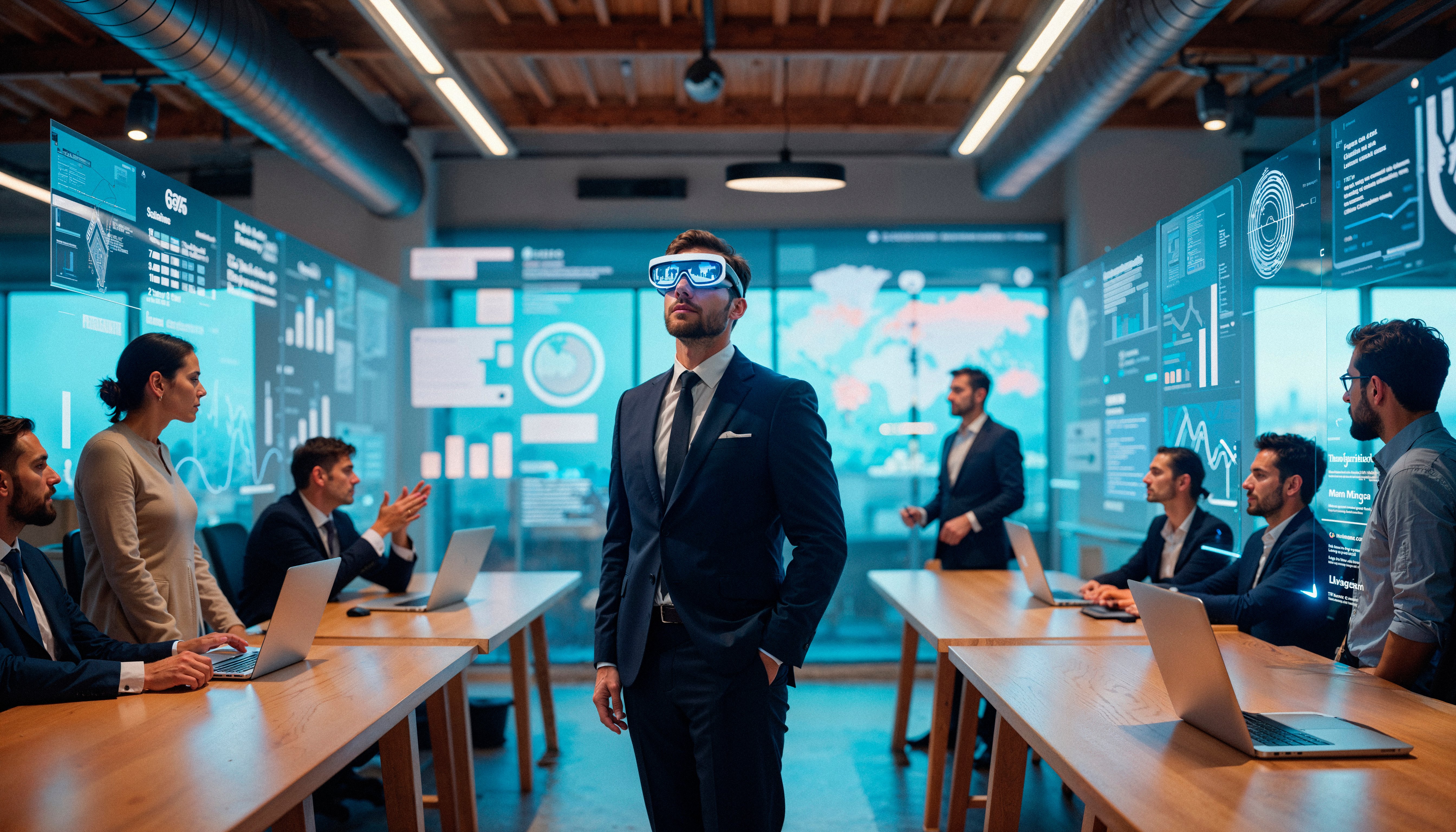 business team using vr in office