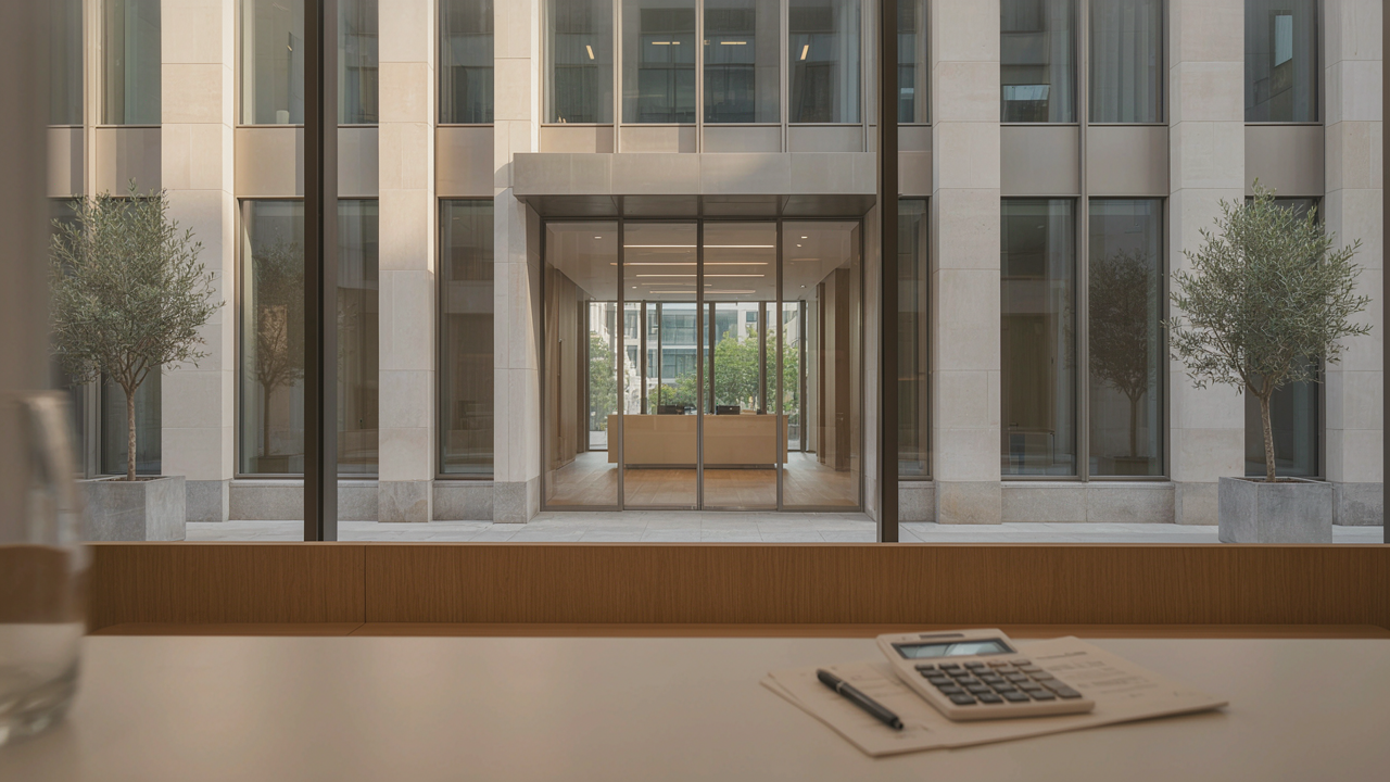 Modern glass-fronted office building with a bright reception lobby and a calculator beside financial documents featuring pound sterling symbols on the reception desk.