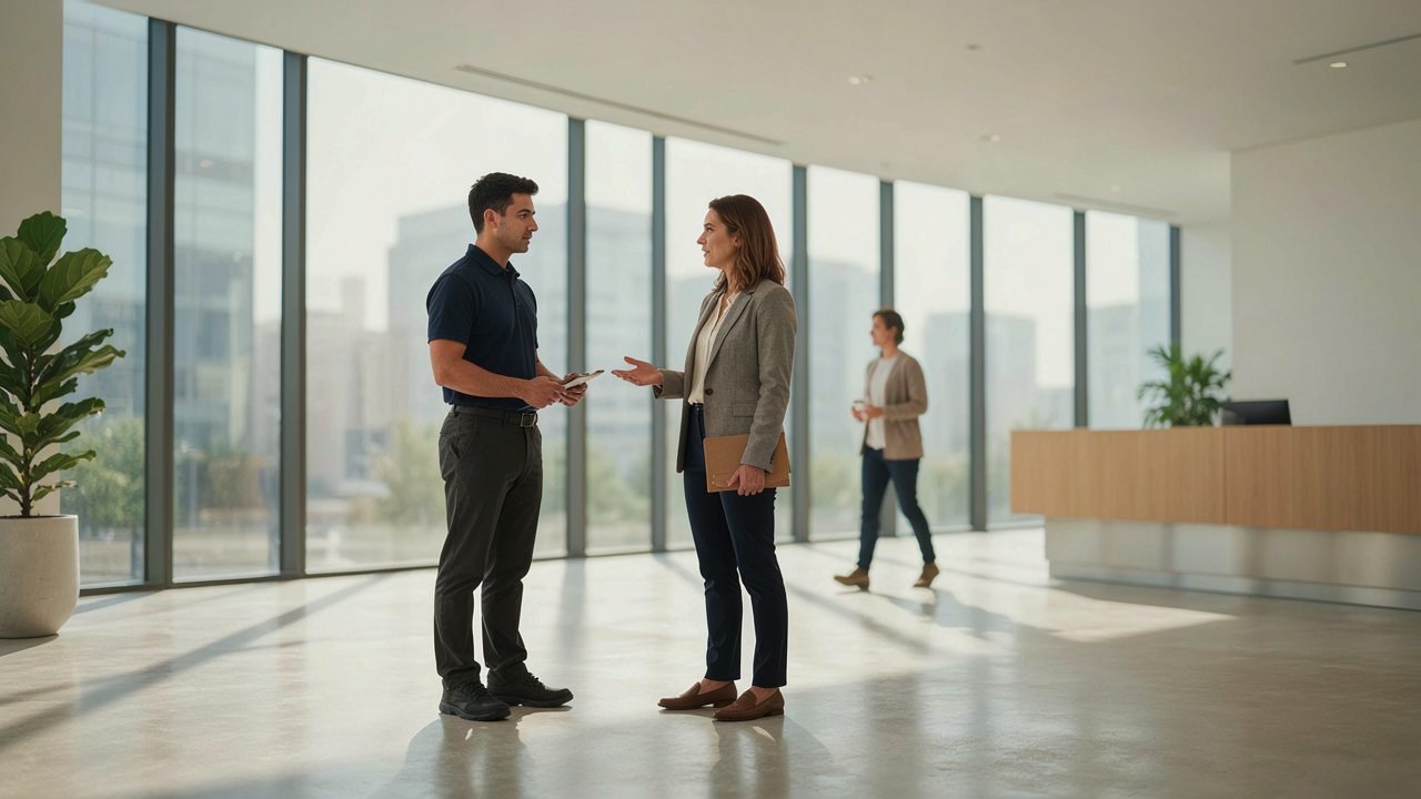 office lobby in daytime exchange between two employees