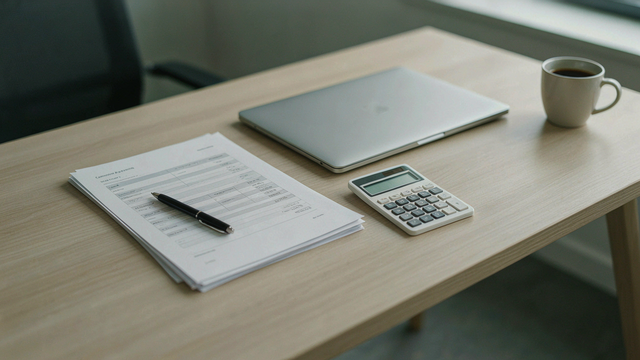 A calculator, contractor agreements and financial paperwork arranged on a desk in a modern office, illustrating contractor tax compliance and financial liability.