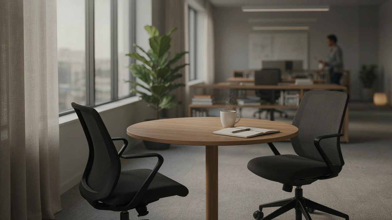 Two chairs facing each other at a small meeting table in a modern office, with a notebook and coffee cups, representing a supportive workplace conversation.